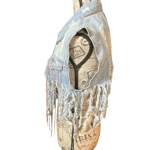 Distressed Denim Vest with Fringe - Picture 2 of 7